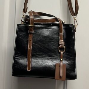 Leather Two-Tone Crossbody Tote Bag - Black and Brown